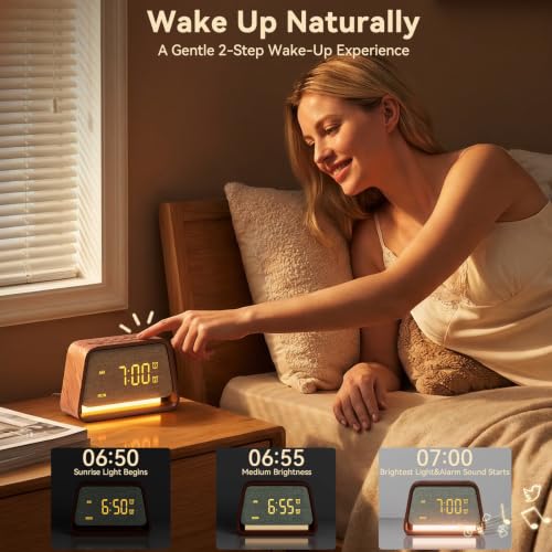 Sunrise Alarm Clock with White Noise Machine Night Light for Bedroom | 20 Sleep Sounds Machine, Digital Alarm Clock with Snooze, Gental Wake Up Light, 0–12 Volume, Deep Wooden
