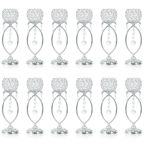 12 Pcs Silver Elegant Metal Crystal Tea Light Candle Holders