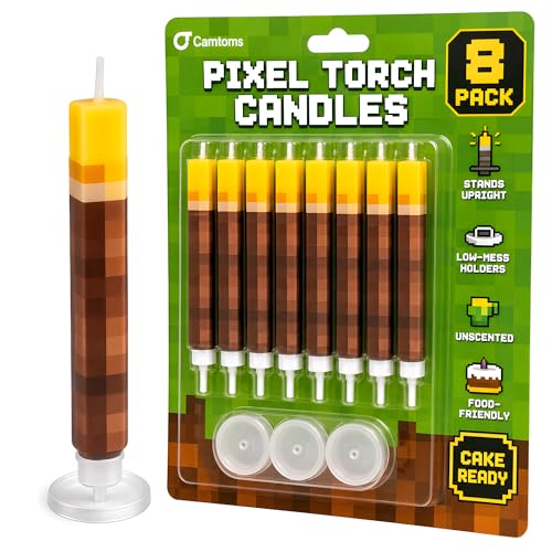 Birthday Candles (8 Pack) - Large 3-Inch Cake Toppers - Birthday Cake Decorations for Boys - Novelty Gaming Themed Pixel Torch Candle Set for Level Up Celebration
