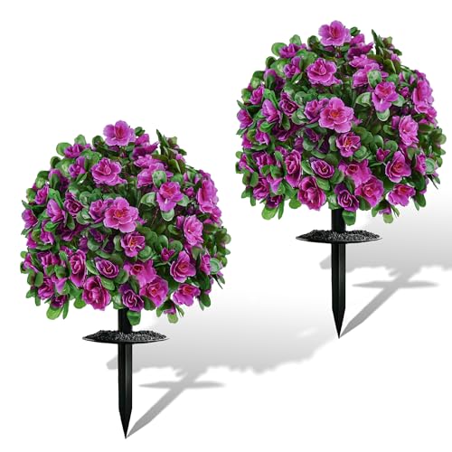 Artificial Flowers for Outdoors, Faux Outdoor Plants Fake Plants Topiary Balls Artificial Outdoor Set of 2 with Ground Spike for Home Front Porch Patio Garden Decor (Rose Purple)