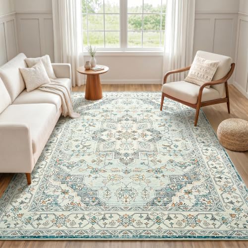 5x7 Area Rugs for Living Room, Washable Rug Vintage Floral, Blue