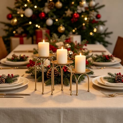 Hosley Style Gold Iron Pillar Candle Holders - Set of 3 Round Tripod Candle Stands, Elegant Metal Decorative Display Risers for Wedding Centerpieces, Home Dining Table, Party & Mantel Decor