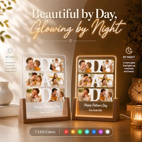 Personalized Fathers Day Gift for Dad, Custom Acrylic Picture Frame Night Light with Walnut Base, Unique Dad Gift from Daughter Son Kids Wife
