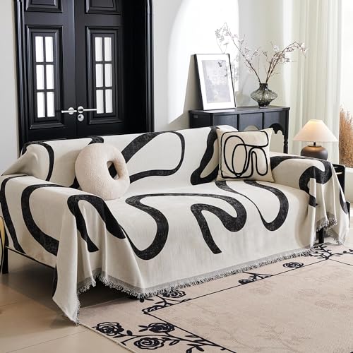 MYSKY HOME Boho Couch Cover Super Soft Couch Covers for 2-3 Cushion Couch Sofa, Modern Black Jacquard Sofa Slipcover Loveseat Futon Cover, Couch Covers for Sectional Sofa, 71" x 118", Black Curve