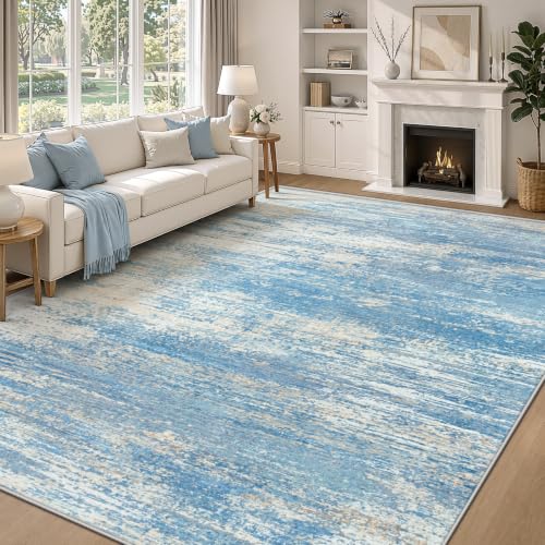 Washable Rug 8x10 Area Rugs for Living Room: Large Neutral Soft Rug Abstract Non Slip Low Pile Modern Carpet for Bedroom Kitchen Nursery Office Dining Room Indoor (Lightblue, 8'x10')