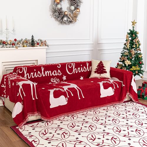 MYSKY HOME Christmas Couch Cover Sofa Cover, Couch Covers for 3 Cushion Couch Sofa Pet Friendly, L Shaped Couch Cover, Sectional Couch Covers Non Slip Furniture Protector for Kids, Dogs, 71"x134", Red
