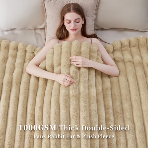 Faux Fur Throw Blanket, Thick 1000GSM Fluffy Cozy Throw Blankets for Bed, Luxury Plush Striped Warm Soft Blanket for Couch LivingRoom Home Decor & Gifts(50"x 70", Beige)