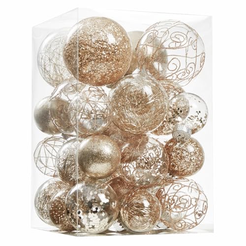 Wironlst Christmas Ball Ornaments Shatterproof Clear Large Plastic Hanging Ball Decorative Baubles Set with Stuffed Delicate Decorations (Multi-Size, Champagne)