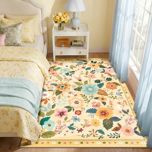 RELEANY Floral Washable 3x5 Area Rugs Yellow/Orange