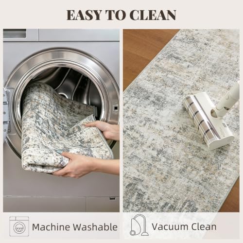 2'x8' Grey Beige Runner Rug, Washable Carpet