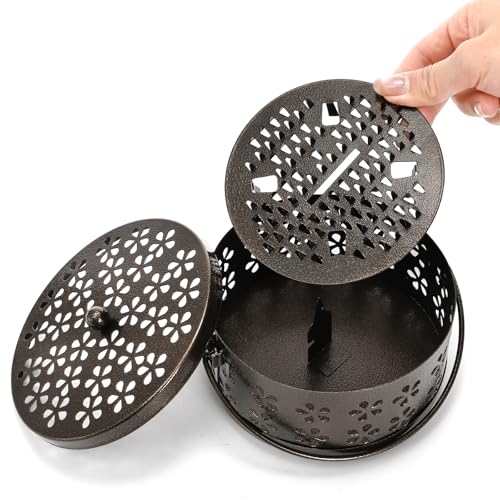 ZENFUN 2 Pack Iron Coil Holders with Lid and Handle, Bronze Incense Coil Burner with Lid, Retro Portable Coil Holder for Camp Use, Indoor, Outdoor, Fireproof, 5.7 Inches Diameter