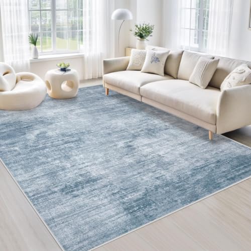 Area Rugs 5x7 Living Room: Washable Rug Modern Abstract Large Rugs Soft Non Slip Neutral Rug Stain Resistant Indoor Carpet for Bedroom Kitchen Dining Room Table Nursery Home Office Rugs(Blue,5'x7')
