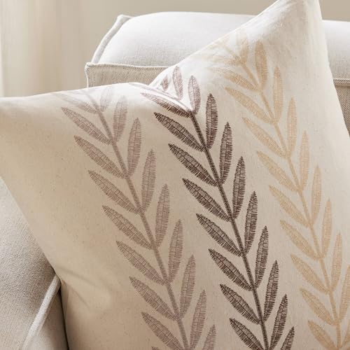 100% Cotton Farmhouse Leaves Throw Pillow Covers Set of 2, 18x18 Inch Mixed Beige Pastoral Decorative Print Cushion Covers for Sofa Bed Living Room Home Decor