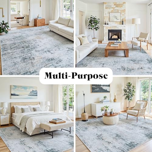 10x14 Washable Area Rug for Living Room Bedroom: Non-Slip Modern Blue Grey