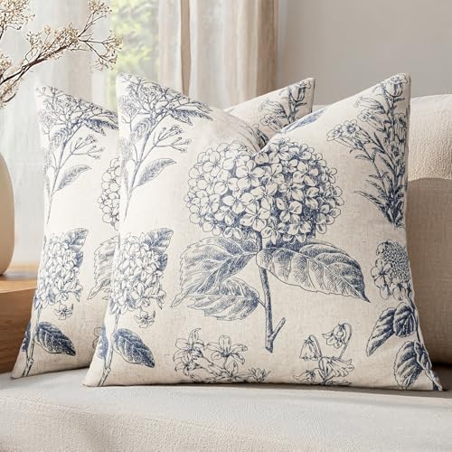 Set of 2 Decorative Floral Neutral Pillow Covers 18x18 Inch Light Blue Hydrangea Print Outdoor Boho Vintage Throw Cushion Covers for Sofa Couch Porch Bedroom Living Room Summer Home Decor