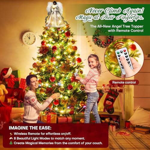 Angel Tree Topper with Lights and Remote Control, 12" Lighted Tree Toppers Christmas Decorations, Elegant and Durable, Perfect for Holiday Home Decor and Gifts, Black, WOKEISE