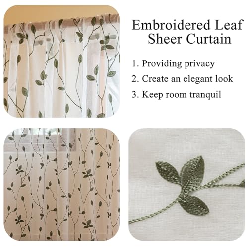 AmHoo 2 Panels Embroidered Leaf Pattern Semi Sheer Curtains Foliage Floral Voile Window Draperies Treatment for Bedroom Living Room Rod Pocket White Sage Green 53 x 84 Inch