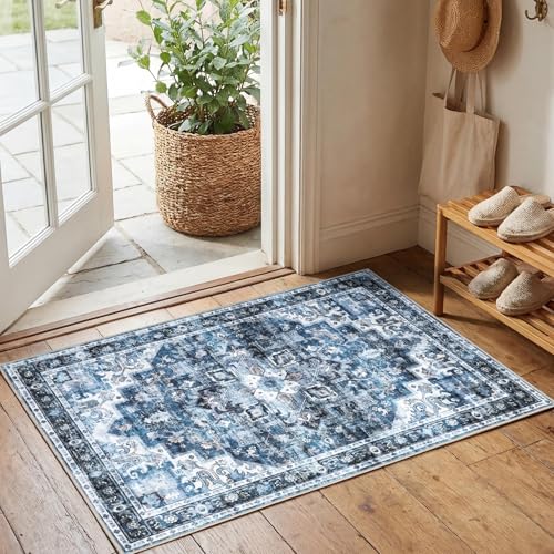 GarveeHome Washable Rug 2x3 Vintage Small Entryway Rugs Blue