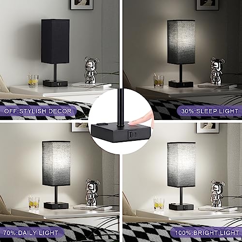 aooshine Black Lamp for Bedroom-Touch Lamp with USB-C+A and AC Outlets,3 Way Bedside Nightstand Square Table Lamp for Kids, Guest Room Living Rroom,Office, 800 Lumens 5000K Daylight Bulbs Included