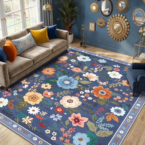 RELEANY Floral Washable 8x10 Area Rugs Blue/Grey