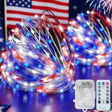 100 LED String Lights 33FT (10M) with Copper Wire, Waterproof Battery Box, Multifunctional Modes Lighting (Red, White, Blue) for Nation Day