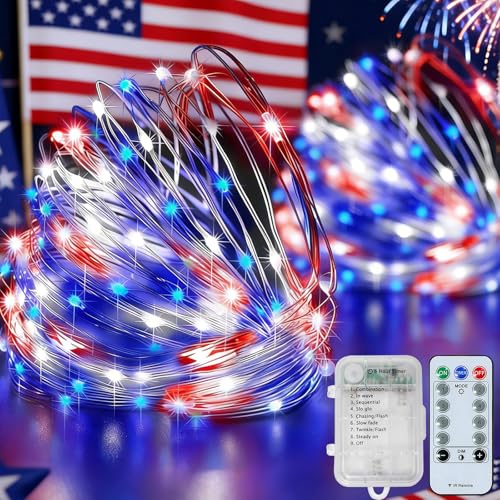 100 LED String Lights 33FT (10M) with Copper Wire, Waterproof Battery Box, Multifunctional Modes Lighting (Red, White, Blue) for Nation Day