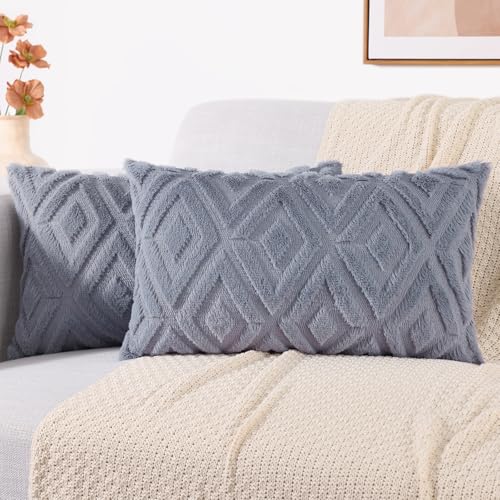 decorUhome Fall Faux Fur Blue Grey Throw Pillow Covers 12x20 Set of 2
