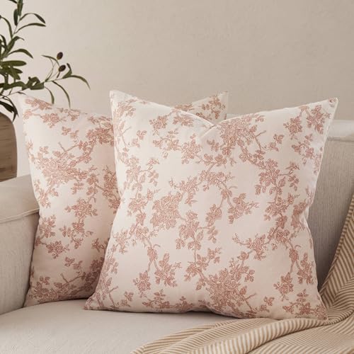 2 Pack French Floral Throw Pillow Covers 22x22in, Terracotta/Cream