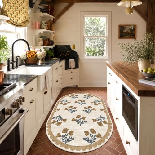 3x5 Oval Rug for Bedroom - Soft Washable Boho Beige Living Room Rug