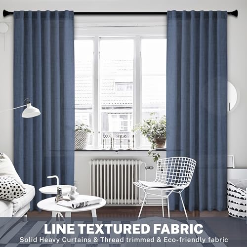 Navy Blue Polyester Curtains 96 Inches Long 2 Panel Set Midnight Blue Light Filtering Privacy Semi Sheer Curtain Panels Modern Farmhouse Window Drapes for Living Room Bedroom Indigo, 8FT