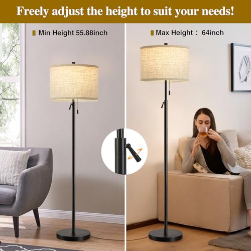 Black Floor Lamp, Height Adjustable Standing Lamp Tall Lamp with Fabric Lampshade&Pull Chain Corner Floor Lamps for Living Room, Bedroom & Office Bulbs Not Included(Black Base)