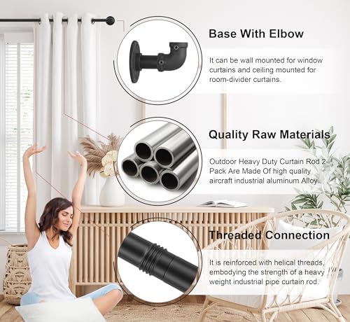 Curtain Rods for Windows 120 to 170, Heavy Duty Industrial Curtain Rods, Black Wrap Around Outdoor Curtains Rod,1 Inch Adjustable Drapery Rod 144-170"