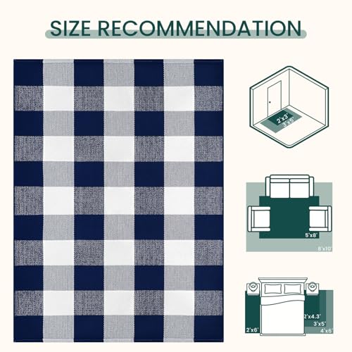 KOZYFLY Buffalo Plaid Area Rugs 2.3x3.6 Ft Blue and White Rug Washable Front Door Mat Woven Cotton Indoor Outdoor Rug for Front Porch Kitchen Entryway Patio Farmhouse Checkered Doormat