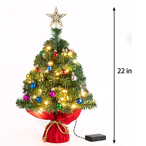 Sunnyglade 22Inch Tabletop Christmas Tree Mini Artificial Christmas Tree with 30 LED Lights & 24 Pcs Xmas Ball for Table Top Desk Classic Series Holiday Decoration (Green)