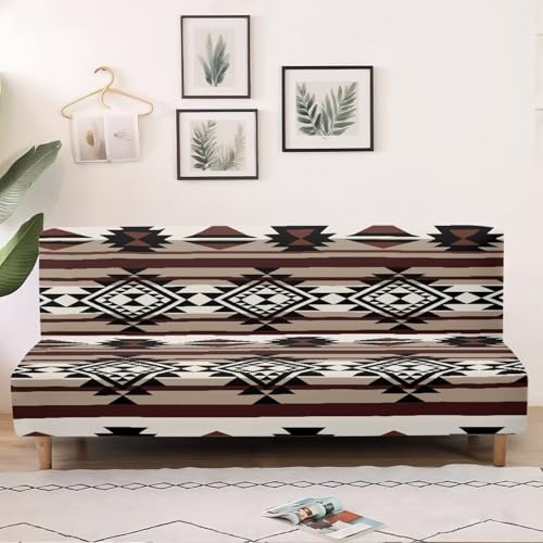 Western Aztec Armless Futon Cover Navajo Southwestern Ethnic Stretch Armless Sofa Slipcover with Elastic Bottom Washable Couch Covers for Sofa Decor