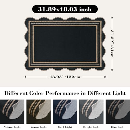Easy Jute Black Front Door Mat, 2.6x4 Washable Entryway Rug Non Slip Small Kitchen Rug, Farmhouse Low Pile Floor Scalloped Rugs for Bathroom Porch Doorway