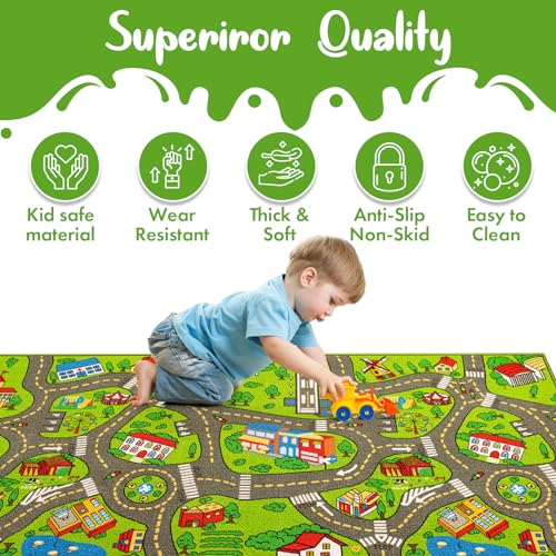 Kids Carpet Playmat City Life 3D Playroom Rug | 30 x 60 Inch Extra Large Toddler Activity Mat for Race Cars & Toys | Playroom Rug Makes a Fun Educational Gift Idea for Boys & Girls (Green)