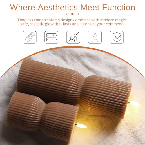 Brown Ribbed Fall Flameless Pillar Candles with Remote Set of 2