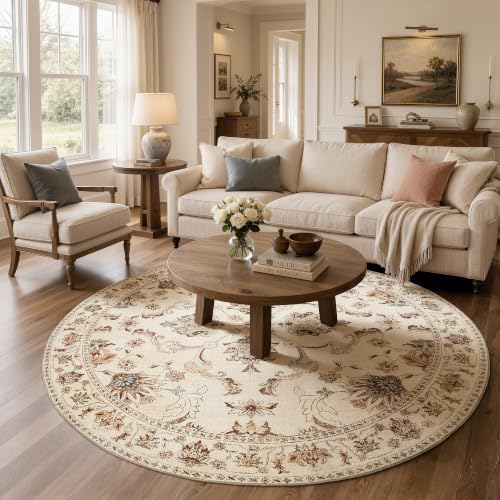 JINCHAN 8ft Traditional Floral Round Rug, Washable Rug, Oatmeal Rust