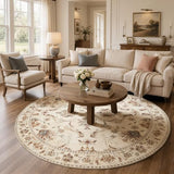 JINCHAN 8ft Traditional Floral Round Rug, Washable Rug, Oatmeal Rust