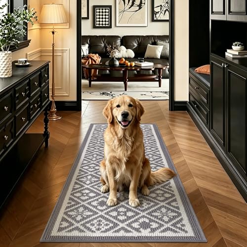 Hallway Runner Rug 2x6 ft,Washable Indoor Grey Carpet with Non Slip Rubber Backing,Low Pile Durable Kitchen Floor Mat for Laundry Entryway Door & High Traffic Areas