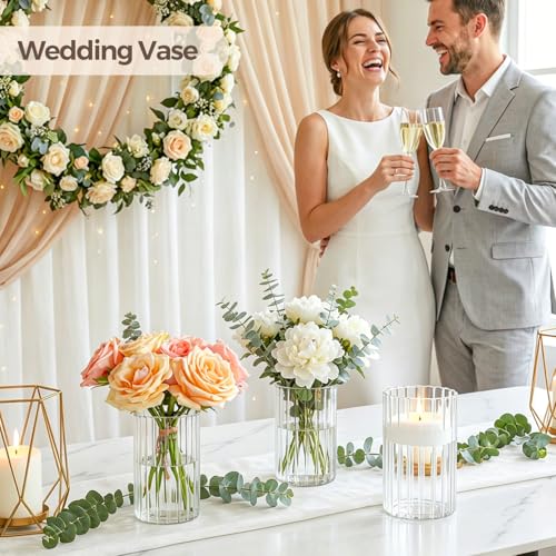 ComSaf Glass Cylinder Vases Pack of 12, Clear Ribbed Bud Vases for Centerpieces Weeding Decoration, 4 inch 6 Inch 10 Inch Tall Clear Flower Vases in Bulk, Hurricane Candle Holder for Party Home Decor