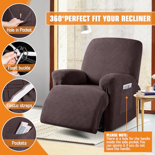 VANSOFY Oversized Recliner Chair Cover, 4-Pieces Stretch Recliner Covers for Recliner Chair Soft Reclining Chair Slipcover Jacquard Pattern Furniture Protector for Dogs Cats(Dark Coffee)