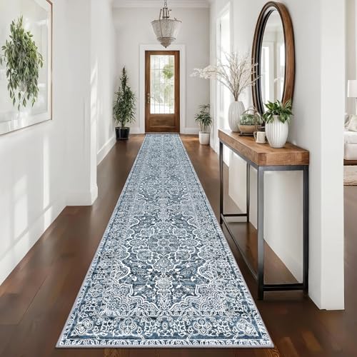 Vintage Washable Runner Rug 2.6x16 Long Hallway Kitchen Rugs Blue