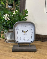 Rae Dunn Desk Clock - Battery Operated Modern Metal Rustic Design with Wooden Base for Bedroom, Office, Kitchen - Small Classic Analog Display - Chic Home Décor for Desktop Table, Countertop