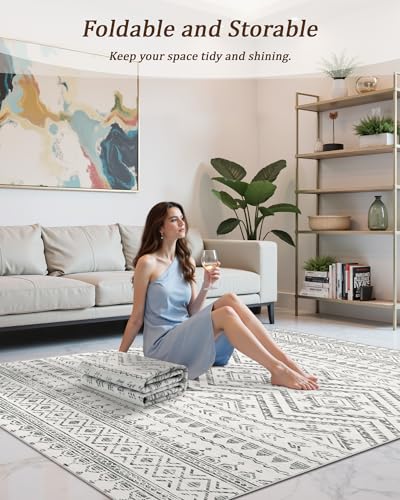 Miukiki 8x10 Area Rug for Living Room Moroccan Washable Rugs Non Slip Indoor Floor Carpet Foldable Large Soft Area Rug for Dining Room Bedroom with Low Pile(Grey,8'x10')
