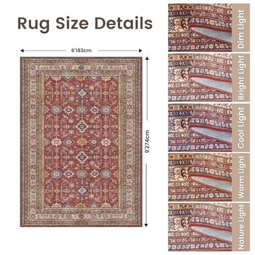 Rugland 6x9 Area Rugs for Living Room, Vintage Washable Area Rug, Burgundy