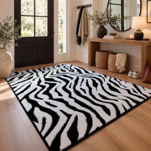 Zebra Entryway Rugs 3x5: Black and White Modern Washable Rug