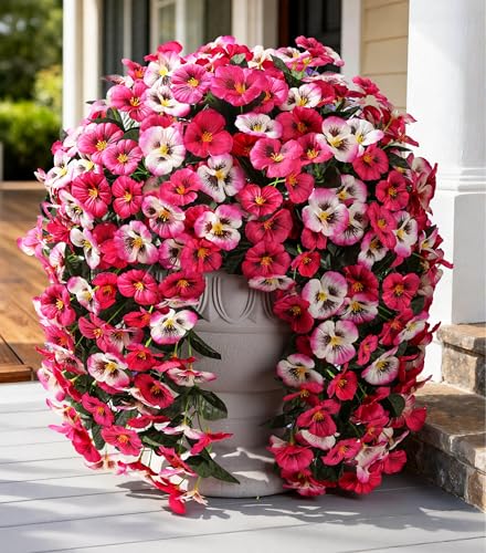 HyeFlora Artificial Flowers for Outdoors, 2pcs Faux Silk Pansies Flowers UV Resistant Fake Hanging Flower Plants for Outside Planters Porch Yard Patio Window Box (Mix Rose)