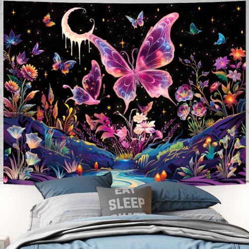 Yuiqear Blacklight Butterfly Tapestry UV Reactive Floral Plant Tapestries Trippy Nature Landscape Wall Tapestries Mysterious Starry Night Sky Tapestry Wall Hanging for Bedroom Decor